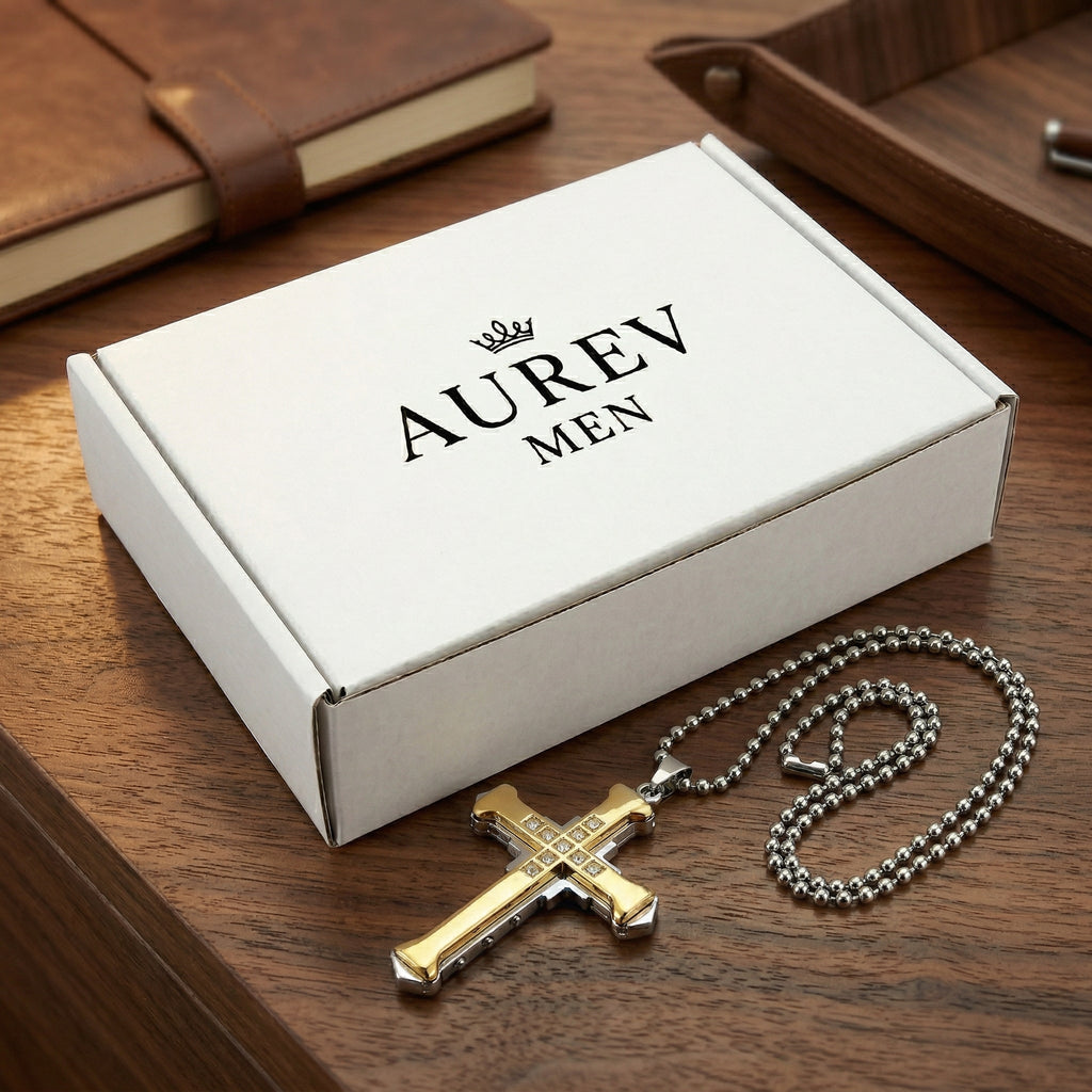 Men’s Cross Pendant Necklace with Chain | Two Tone Gold & Silver Stainless Steel Christian Cross Pendant | Stone Studded Religious Necklace for Men & Boys