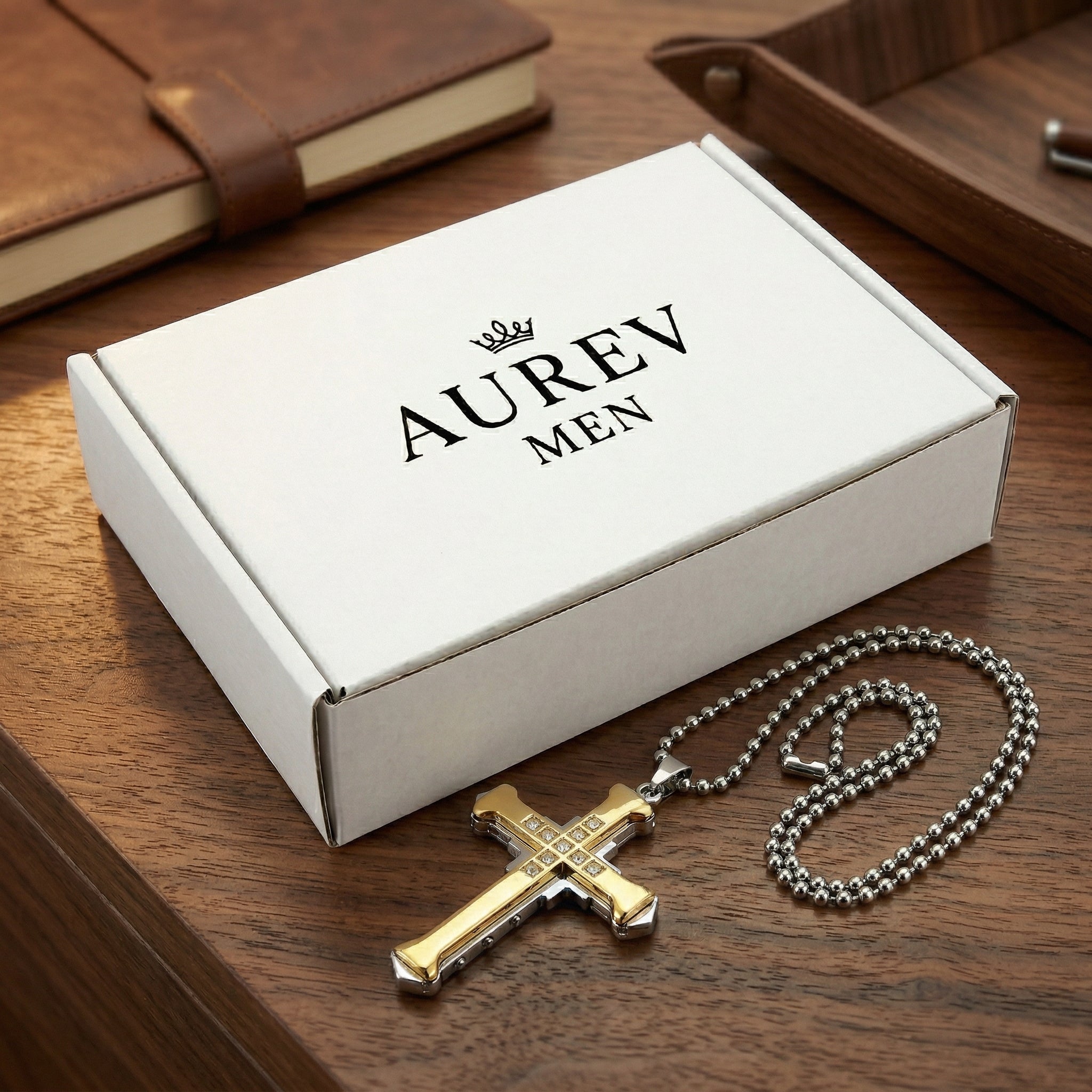 Men’s Cross Pendant Necklace with Chain | Two Tone Gold & Silver Stainless Steel Christian Cross Pendant | Stone Studded Religious Necklace for Men & Boys