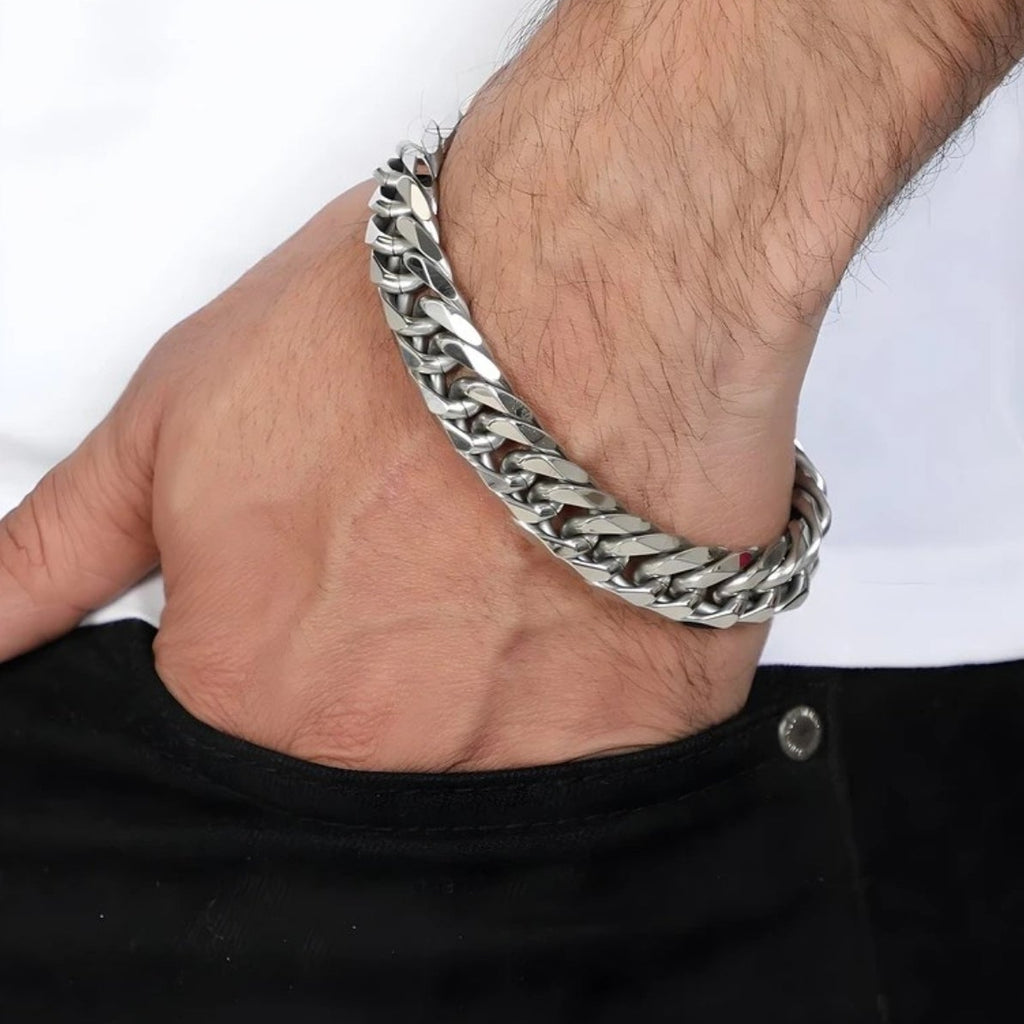 Aurev MEN Silver Stainless Steel Chain Bracelet for Men | 9mm Width | 8.5 Inch Length