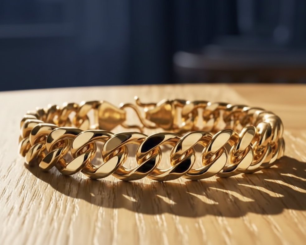 Cuban Chain Bracelet 24k Real Gold Plated, Width 10.5 mm & Length 8.5" Inches.